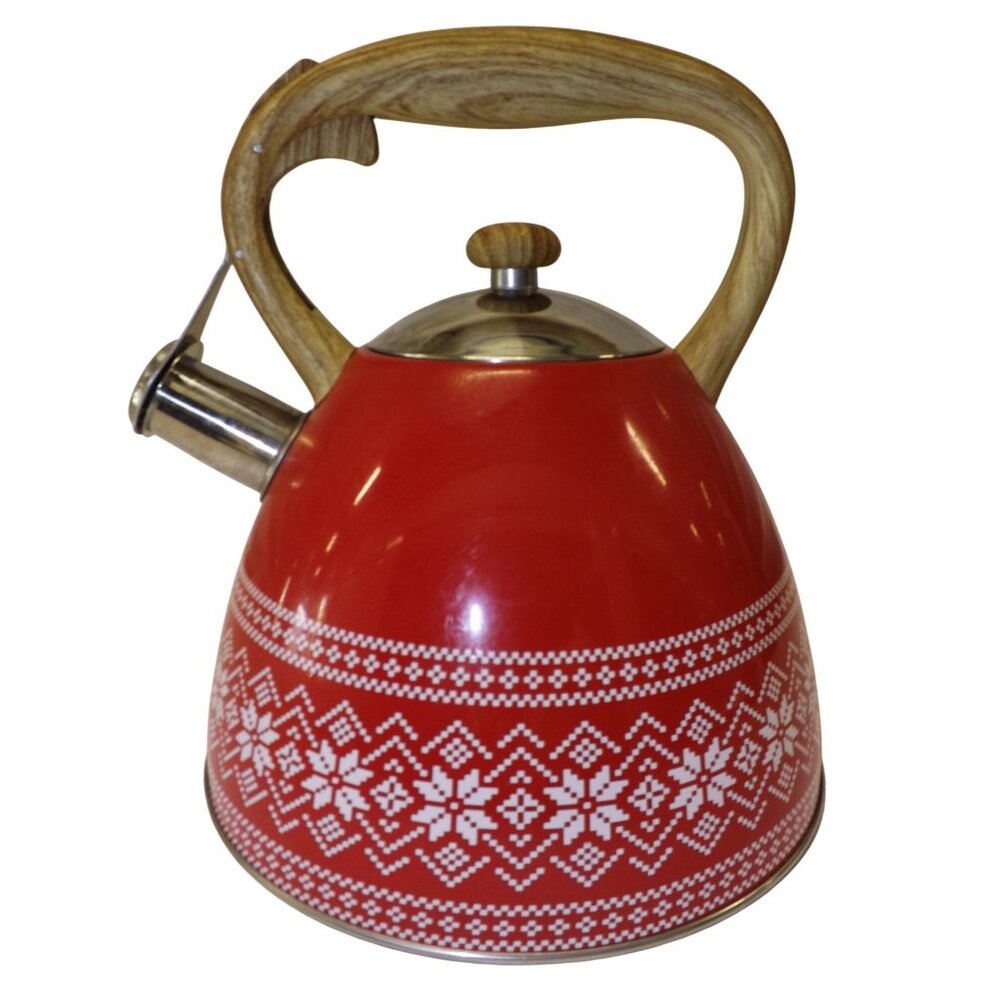 Masterclass Christmas Red Tea Kettle Nordic Snowflake Wood Handle SS Whistling